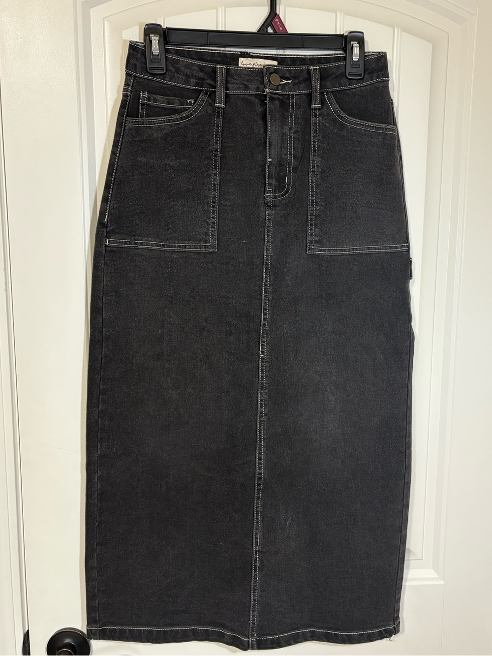 Black Denim Maxi Skirt with Front Patch Pockets